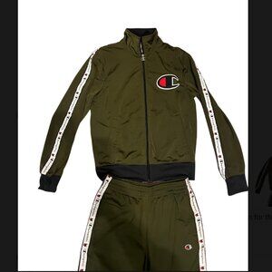 Champion Olive Green Track Jacket & Jogger Set – Logo Stripe – Size S